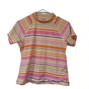 𝅺Lands' End Girl's Multicolor Striped Swim Rashguard Short Sleeves